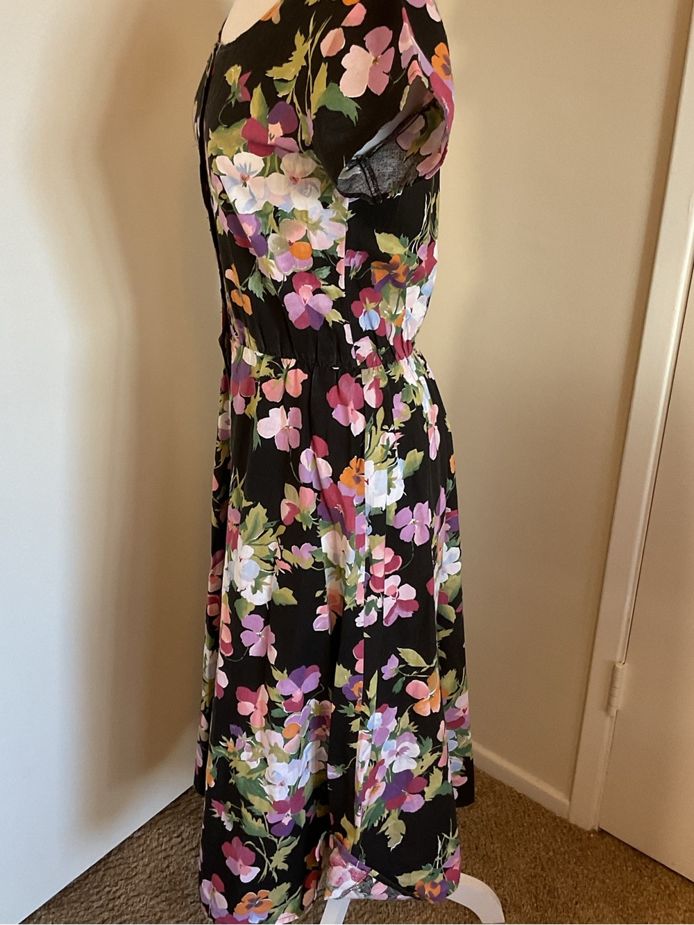 Vintage Avon Fashion Floral Midi Dress 7/8 Black Cotton Fit and Flare 90s - Picture 6 of 11